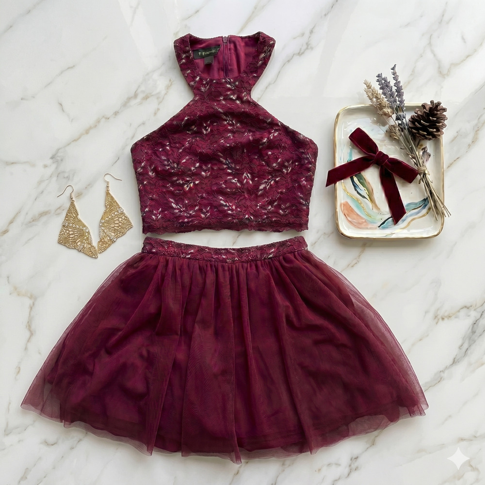 B. Darlin Burgundy Lace Tulle 2-Piece Set Size 3/4 Prom, Wedding, Bounding